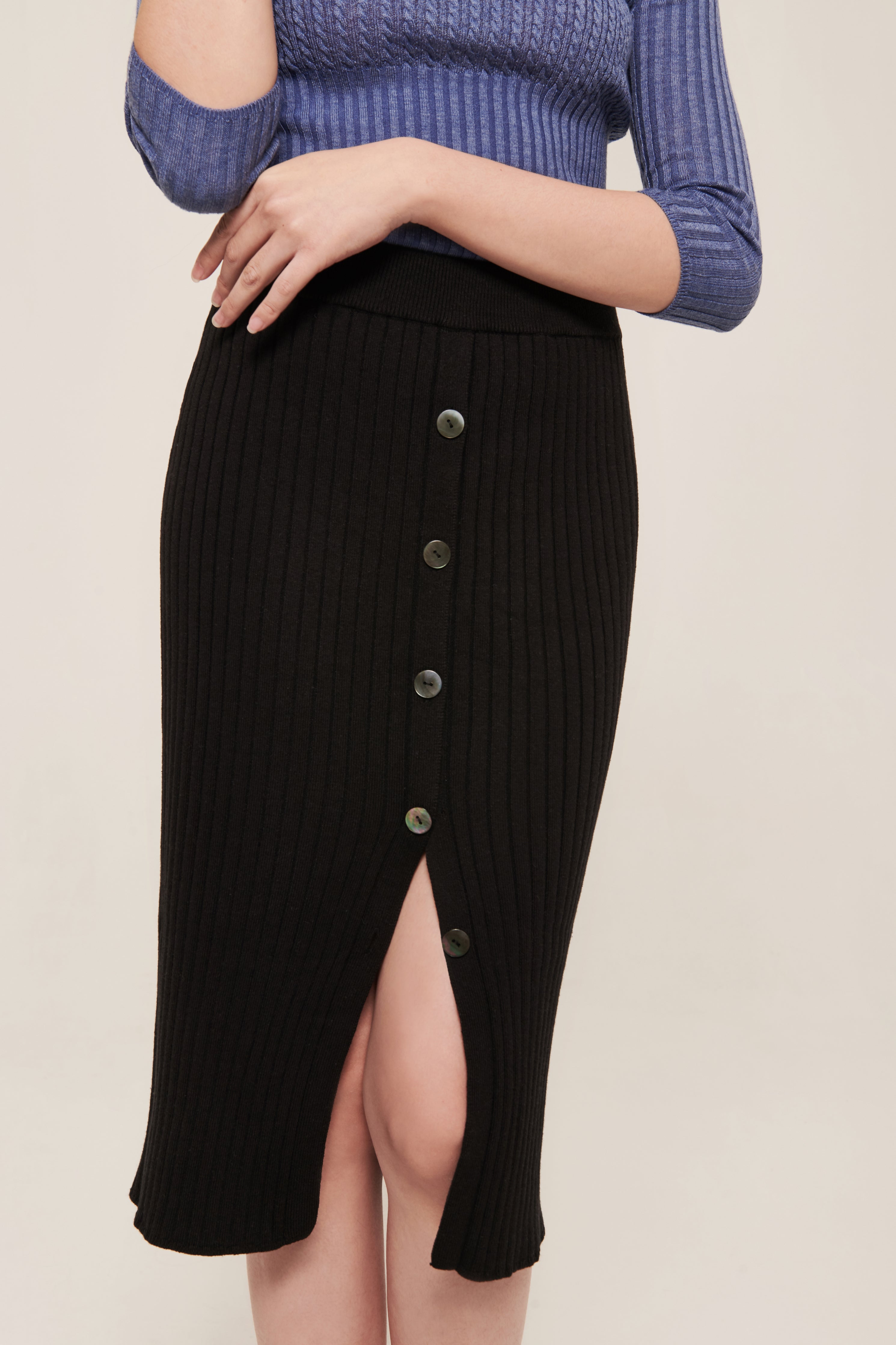 Sylvie Skirt Black | Button-embellished ribbed knit midi skirt ...