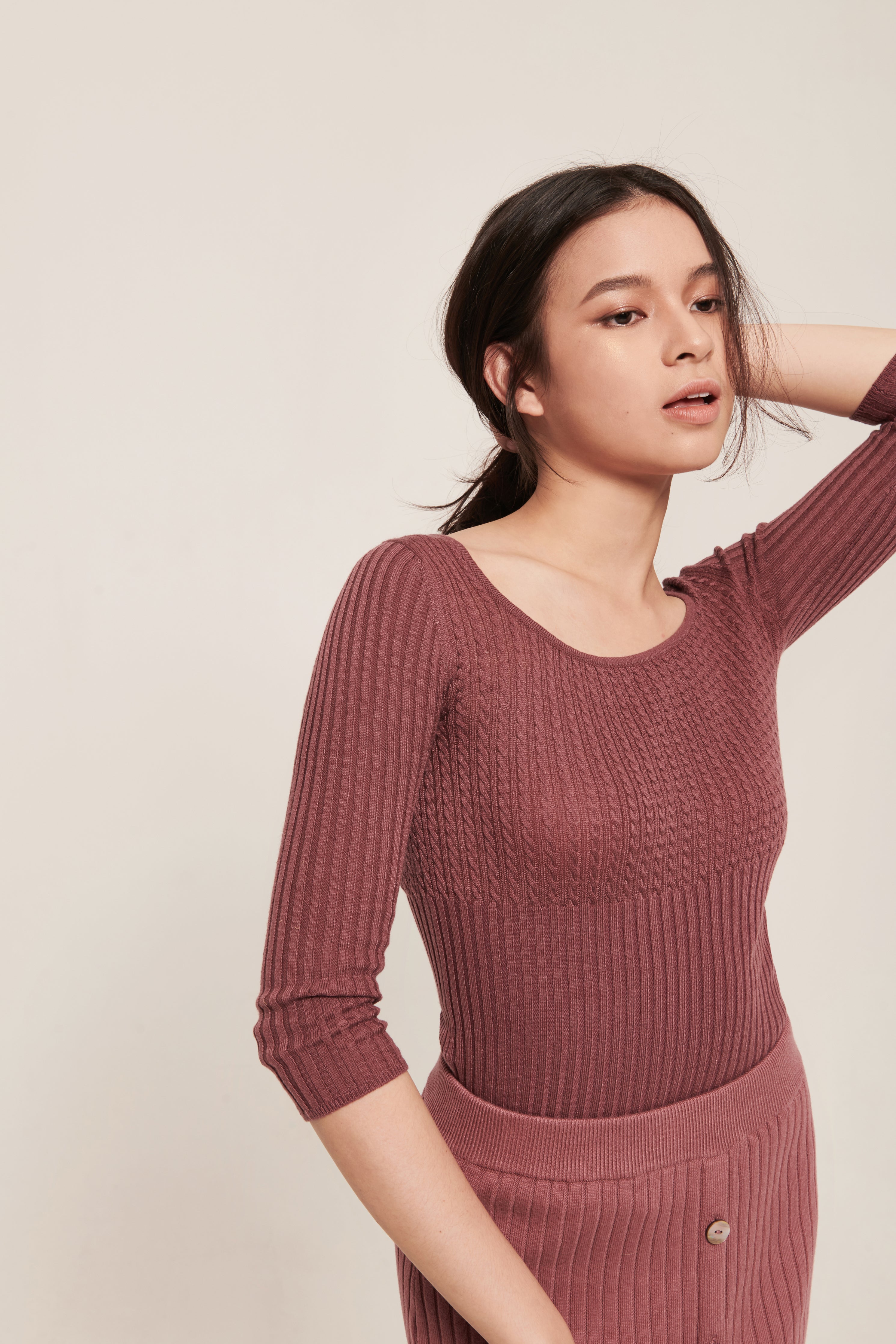 Agnes Top Rose | Scoop neck cable ribbed knit top – hello ronron