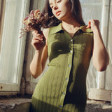 hello ronron | Joan Dress Olive | Button down collar pointelle knit maxi dress | DR027-OLV