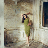 hello ronron | Joan Dress Olive | Button down collar pointelle knit maxi dress | DR027-OLV