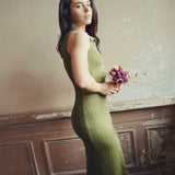 hello ronron | Joan Dress Olive | Button down collar pointelle knit maxi dress | DR027-OLV