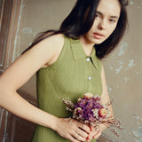 hello ronron | Joan Dress Olive | Button down collar pointelle knit maxi dress | DR027-OLV