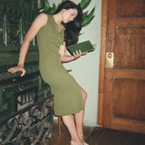 hello ronron | Joan Dress Olive | Button down collar pointelle knit maxi dress | DR027-OLV