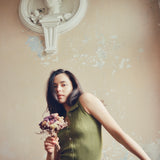 hello ronron | Joan Dress Olive | Button down collar pointelle knit maxi dress | DR027-OLV