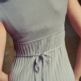 hello ronron | Catherine Dress Silver Gray | V neck bustier waist tie pleated knit dress