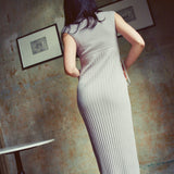 hello ronron | Catherine Dress Silver Gray | V neck bustier waist tie pleated knit dress | DR047-SGRY