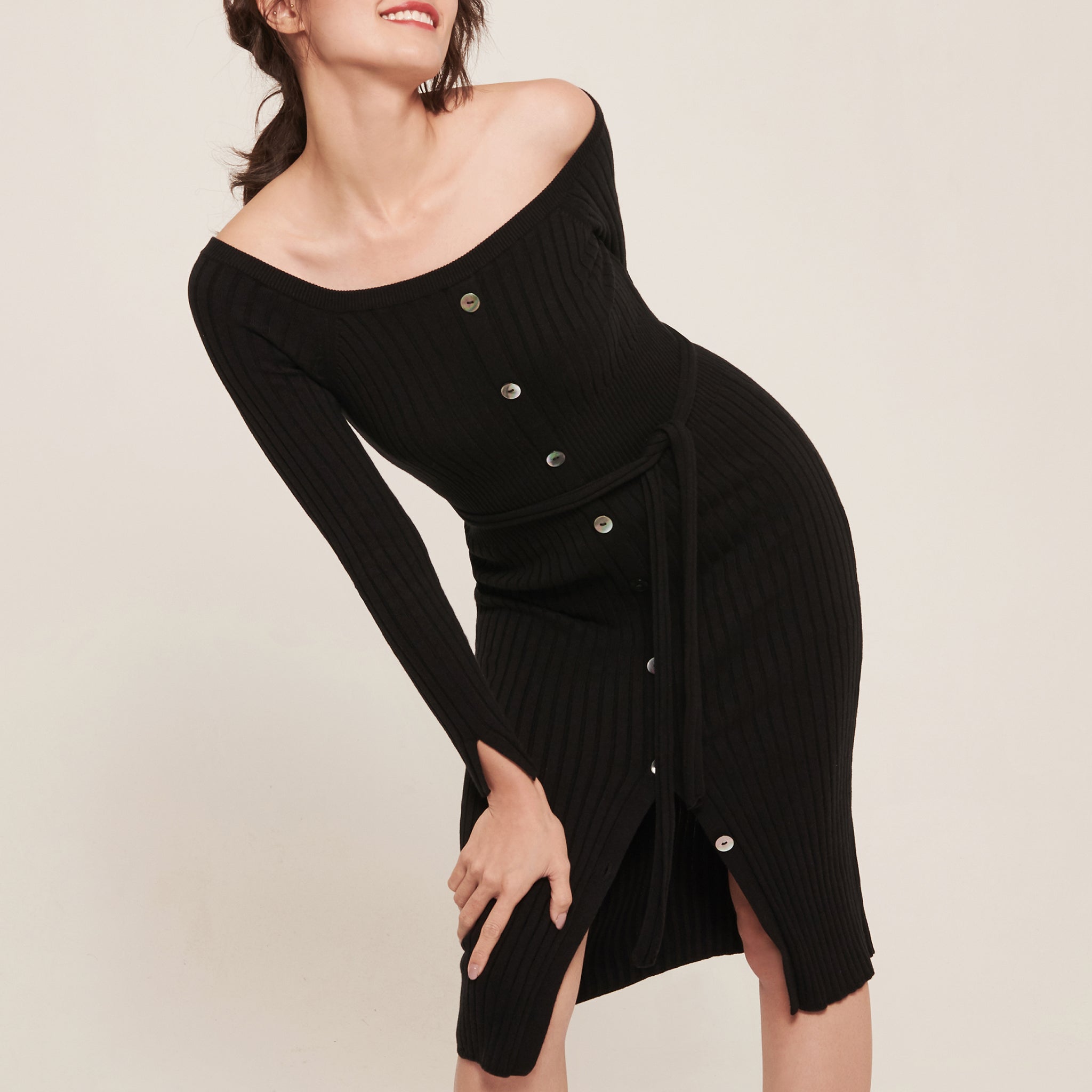 Sylvie Dress Black Button embellished off shoulder ribbed knit midi dress hello ronron