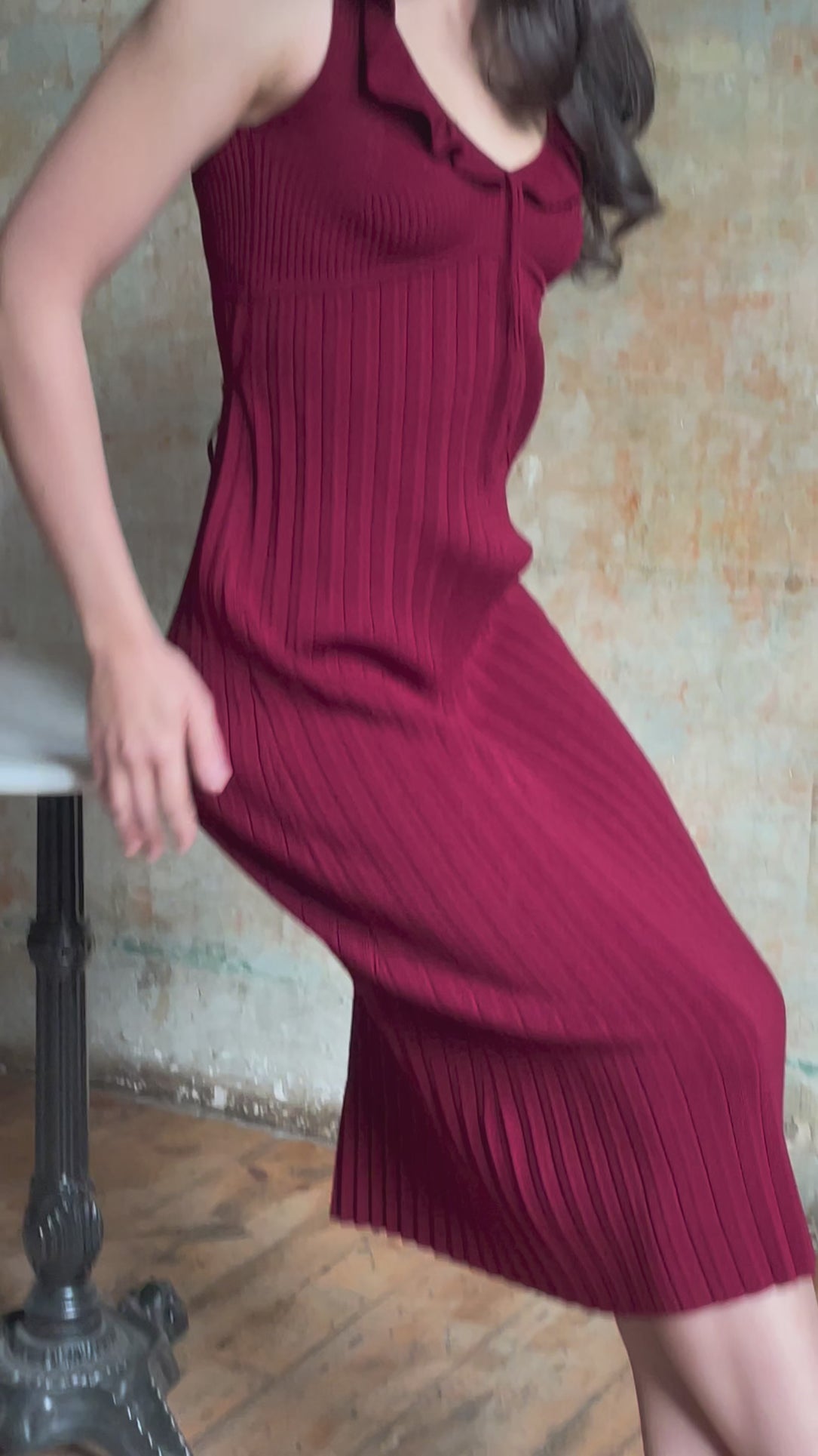 hello ronron | Selma Dress Burgundy | Ruffled neckline bustier pleated maxi knit dress | DR046-BGD