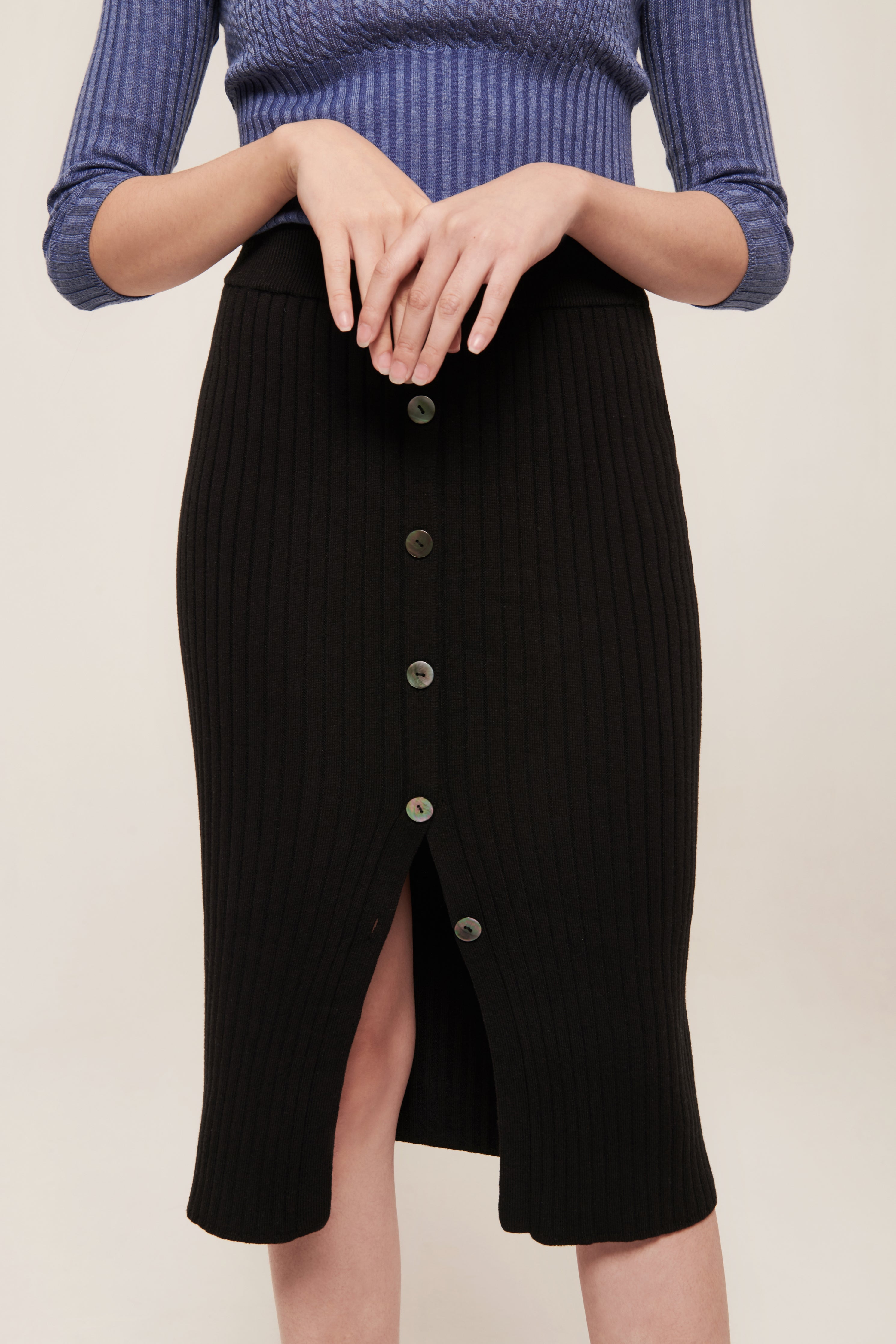 Sylvie Skirt Black | Button-embellished ribbed knit midi skirt